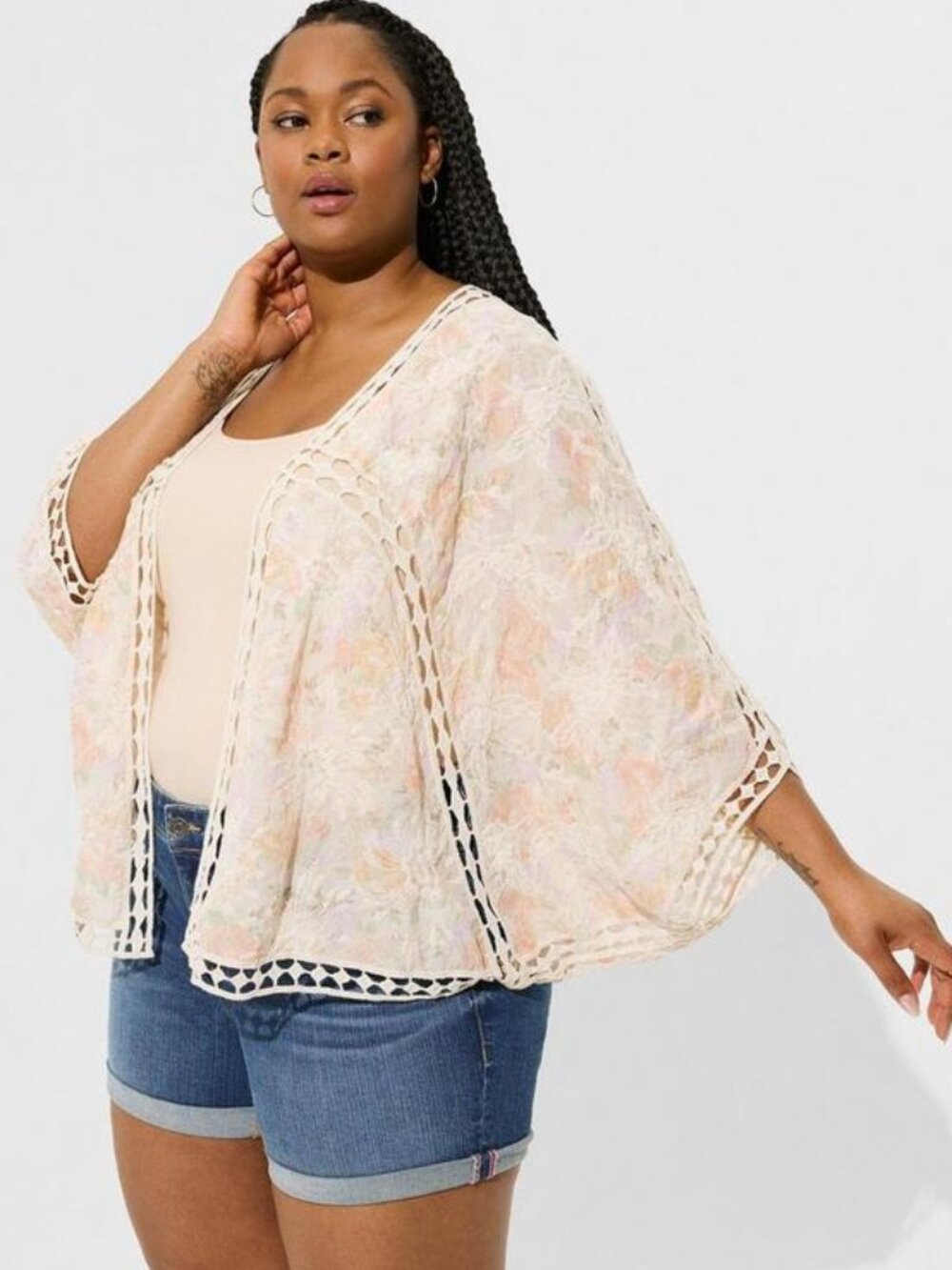 Torrid Crochet Lace Inset Kimono Duster Pullover Boho Fairycore NWT Sz 1X/2X